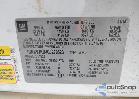 2016 Chevrolet Traverse Ltz z USA, uszkodzony, nr VIN 1GNKVJKD4GJ270523